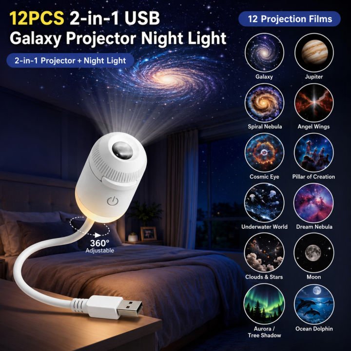 2 in 1 Galaxy Projector Night Light USB Projection Lamp with 12 Projection Films
