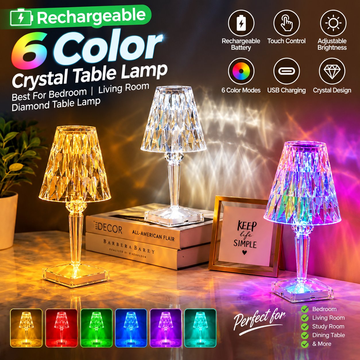Rechargeable 6 Color Crystal Table Lamp Best For Bedroom Living Room Diamond Table Lamp