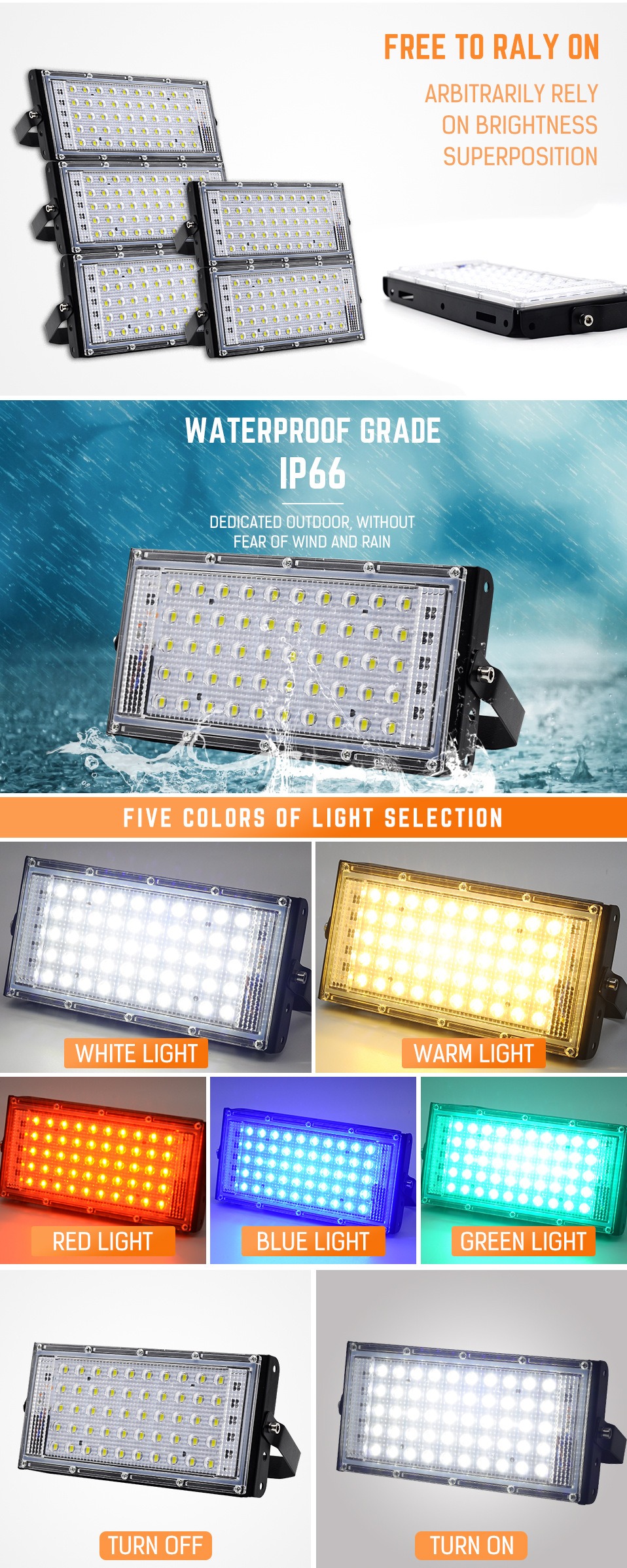 RGB LED Flood Light- Remote Controlled IP66 Waterproof Landscape & Outdoor Lighting (50W, AC220V) 